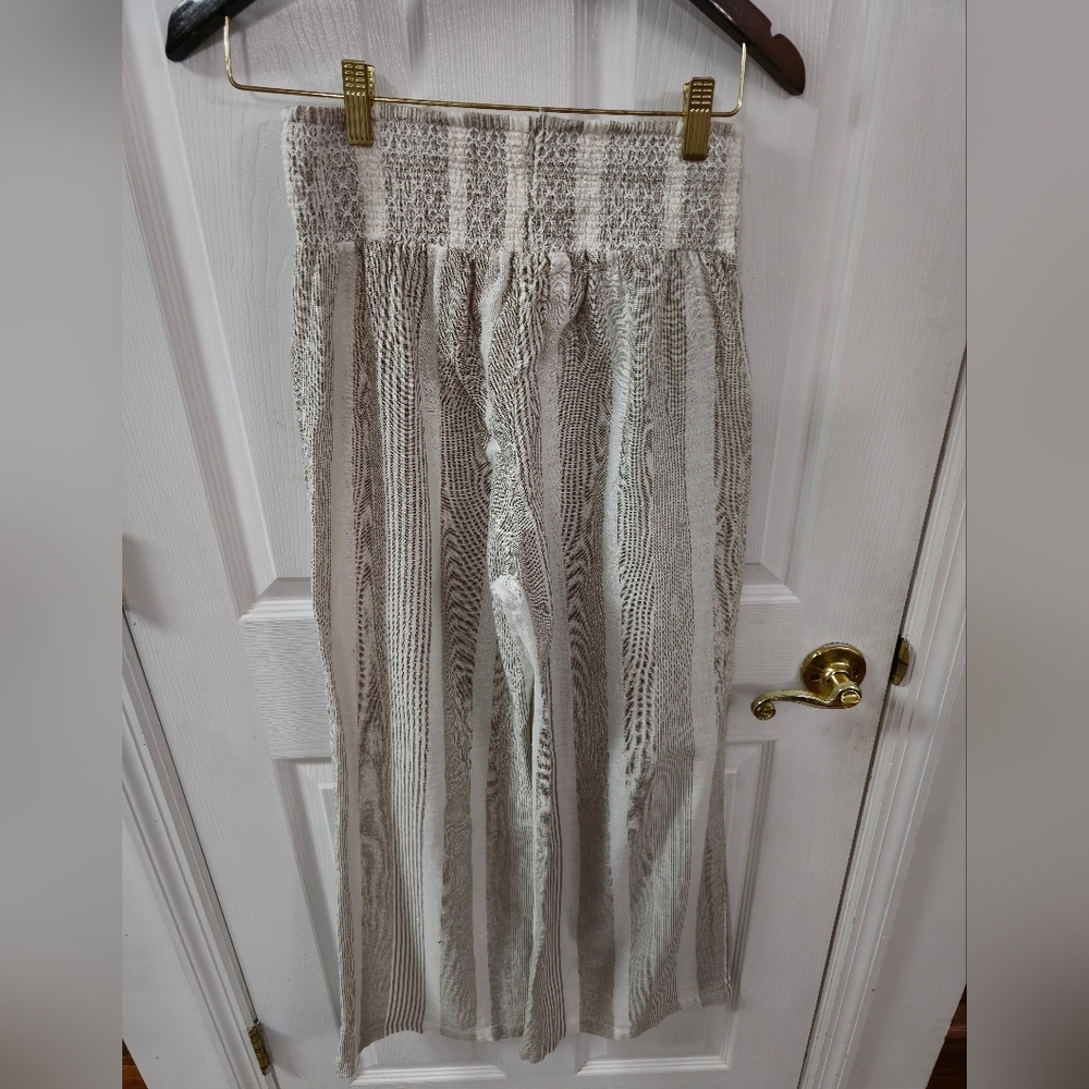 Cali 1850 Womens Linen Blend Wide Leg Pull on Pants Tan White Stripes Size Large